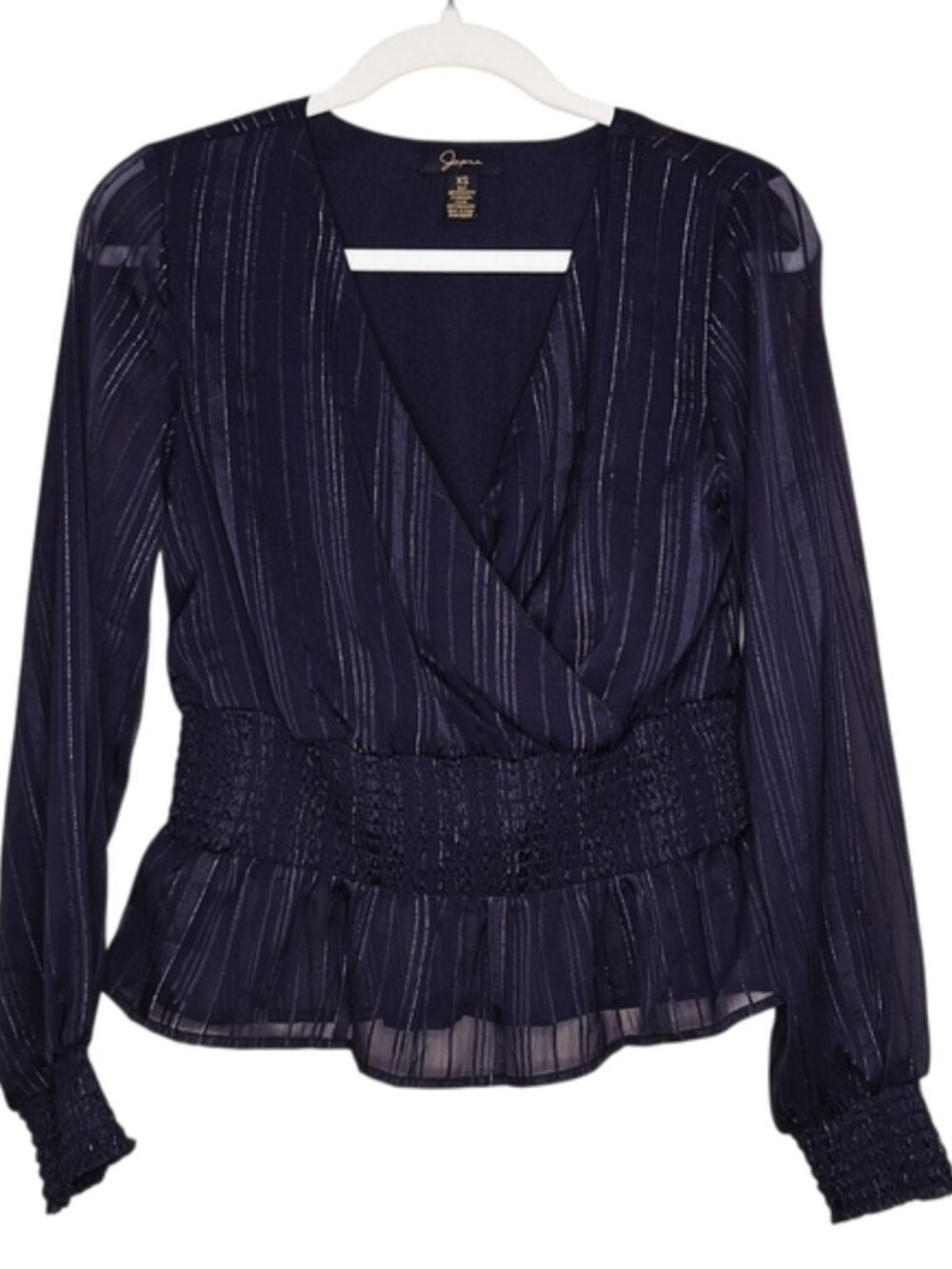 Black  Shimmer Stripe V-Neck Peplum Blouse  Sz XS Smocked Waist